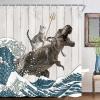 Boziqr Funny Cat Shower Curtain, Cool Cat Dinosaur Japanese Ocean Wave Decor Fabric Bathroom Curtains, Kids Children Rustic Wooden Farmhouse Shower Curtain, 70X70 Inches view 2