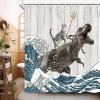 Boziqr Funny Cat Shower Curtain, Cool Cat Dinosaur Japanese Ocean Wave Decor Fabric Bathroom Curtains, Kids Children Rustic Wooden Farmhouse Shower Curtain, 70X70 Inches view 4