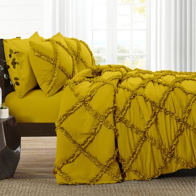 3 Piece Cross Diamond Ruffle Duvet Cover with Zipper & Corner Ties 1000 Thread Count 100% Egyptian Cotton Premium Hotel Class Decorative Bedding Luxurious Quality (Oversized King 120" x 98", Gold)