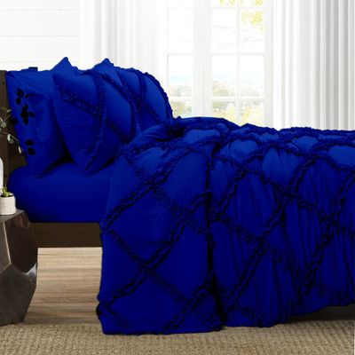 5 Piece Cross Diamond Ruffle Duvet Cover with Zipper & Corner Ties 1000 Thread Count 100% Egyptian Cotton Premium Hotel Class Decorative Bedding Luxurious Quality (Grand King 104'' x 90'', Royal Blue)