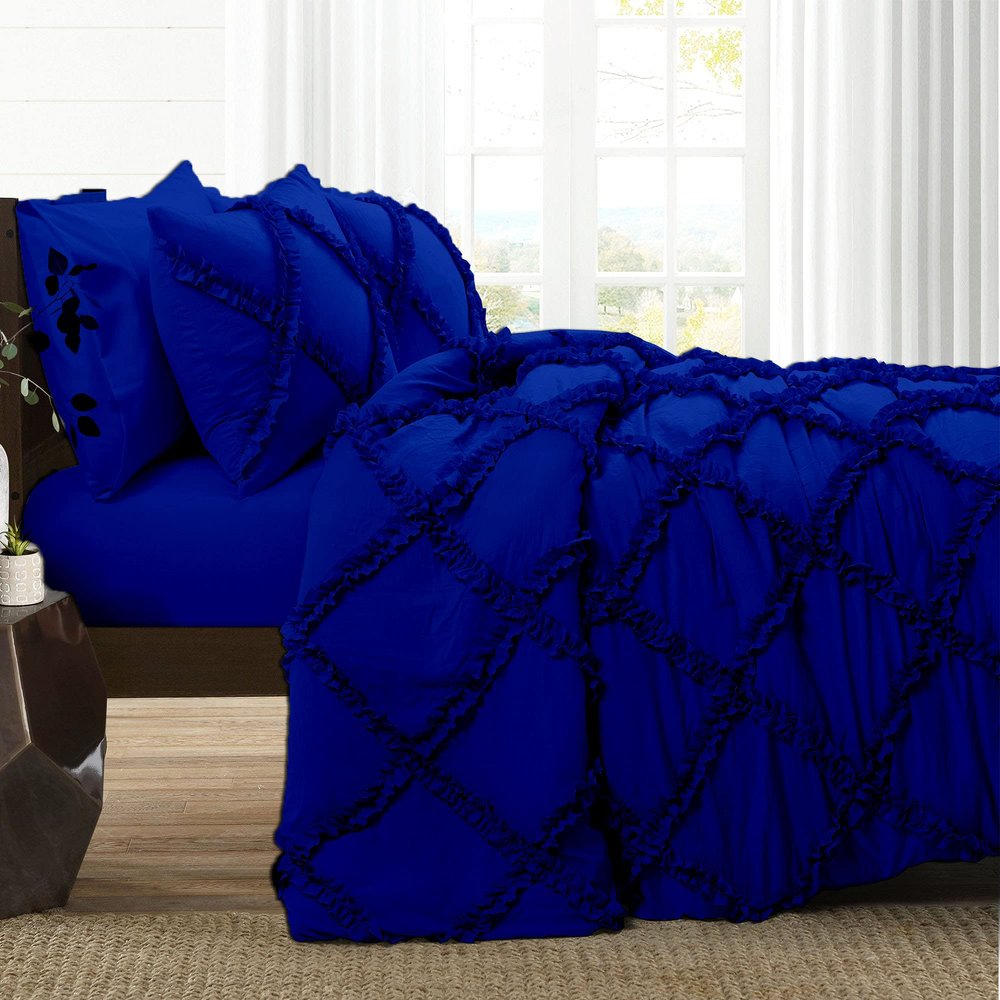 5 Piece Cross Diamond Ruffle Duvet Cover with Zipper & Corner Ties 1000 Thread Count 100% Egyptian Cotton Premium Hotel Class Decorative Bedding Luxurious Quality (Grand King 104'' x 90'', Royal Blue)