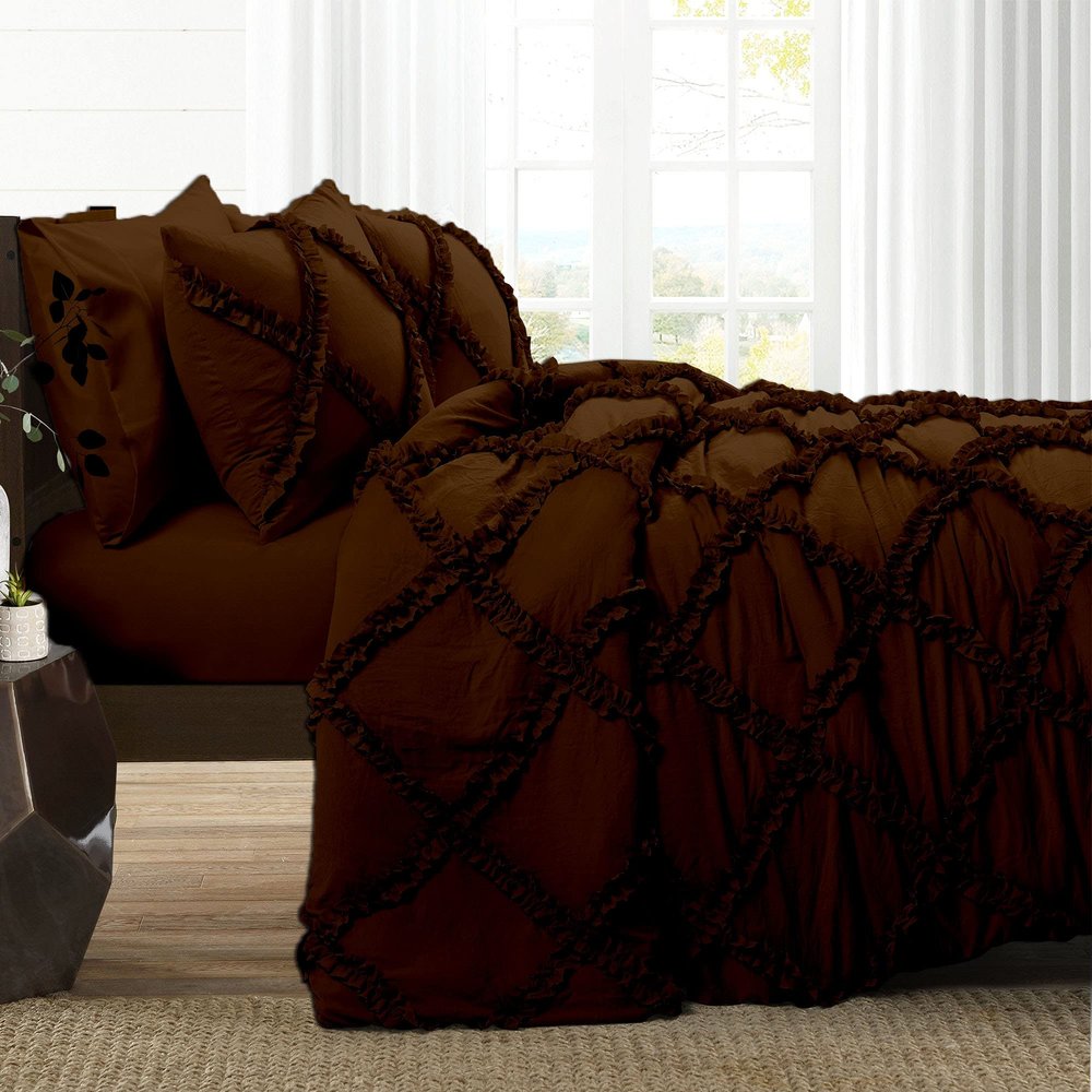 5 Piece Cross Diamond Ruffle Duvet Cover with Zipper & Corner Ties 1000 Thread Count 100% Egyptian Cotton Premium Hotel Class Decorative Bedding Luxurious Quality (Super King 108" x 98", Chocolate)