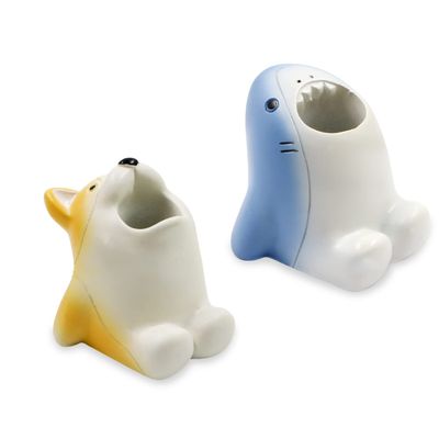 2Pcs Mini Toothbrush Holder Stand, Fun Cartoon Animal Toothbrush Holder, Single Pen Holder for Desk Unique, Cute Tooth Brushing Organizer for Bathroom Office (Dog & Shark)