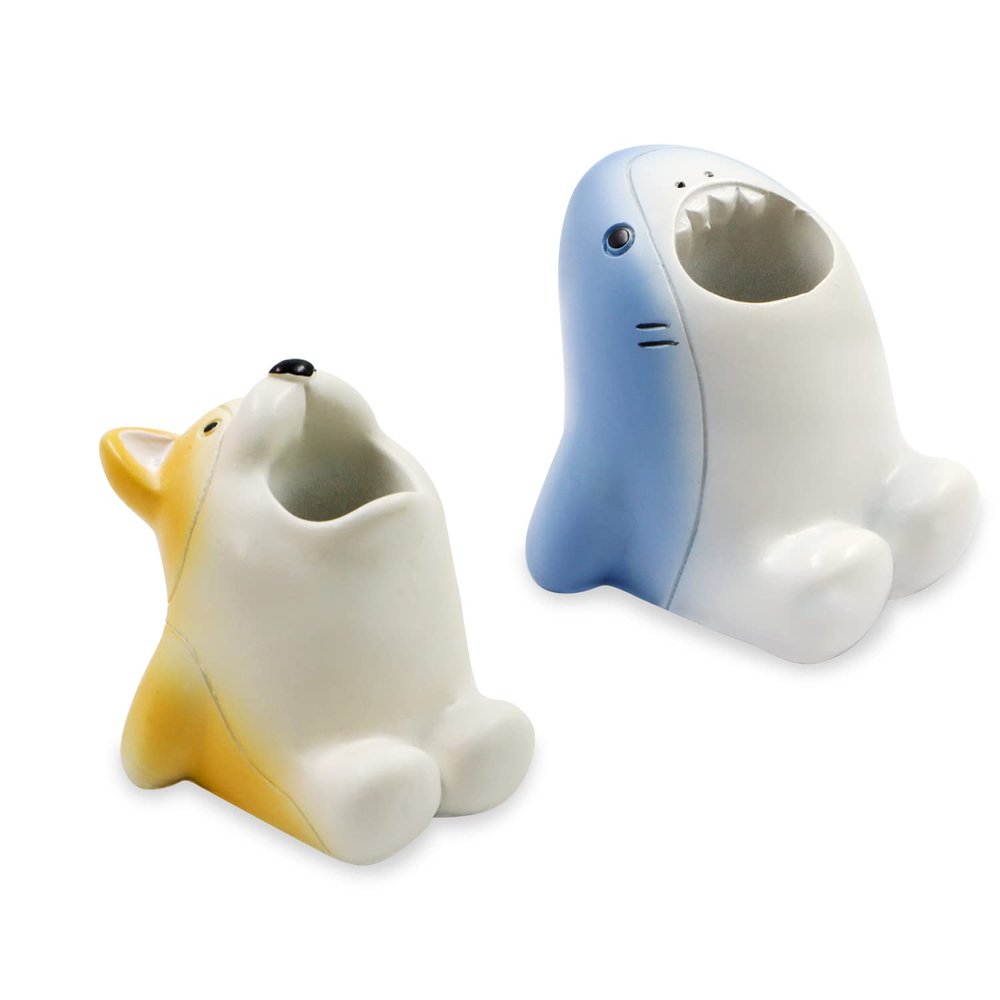 2Pcs Mini Toothbrush Holder Stand, Fun Cartoon Animal Toothbrush Holder, Single Pen Holder for Desk Unique, Cute Tooth Brushing Organizer for Bathroom Office (Dog & Shark)