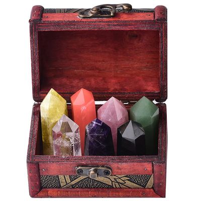 7pcs/Set Treasure Wooden Box Seven Star Array Natural Crystal Pillar Crystal Points