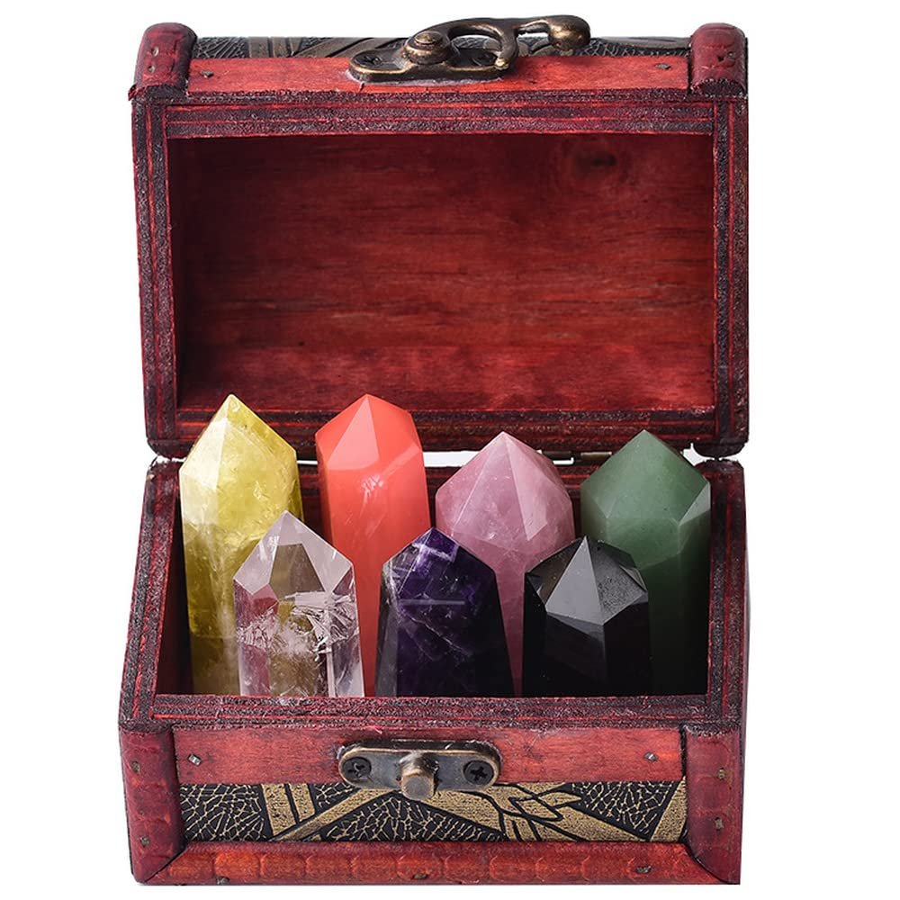 7pcs/Set Treasure Wooden Box Seven Star Array Natural Crystal Pillar Crystal Points