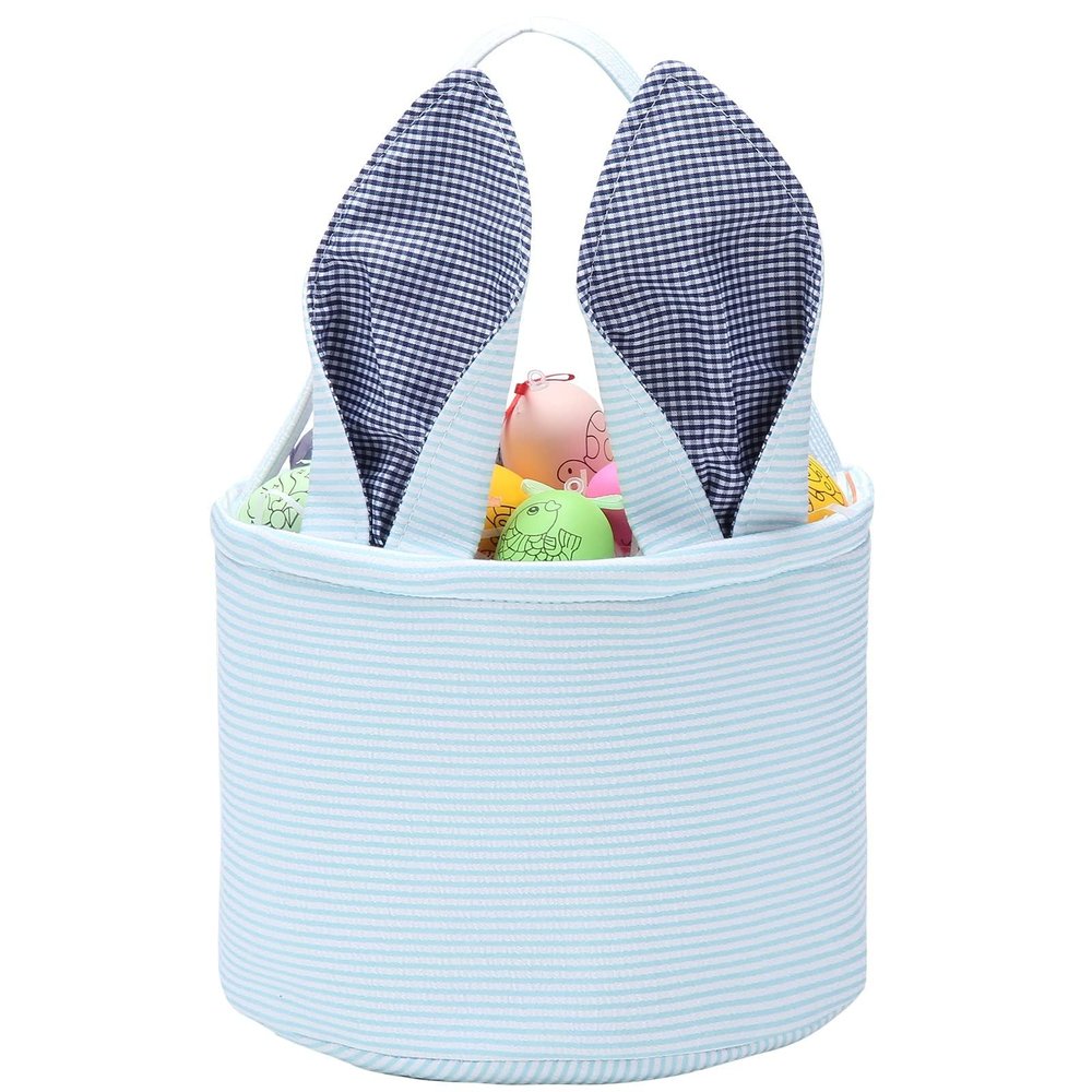 Easter Basket Seersucker Egg Hunt Bunny Baskets for Kids with Cute Rabbit Ears Stripe Storage Gifts Candies Personalized Easter Party Gifts