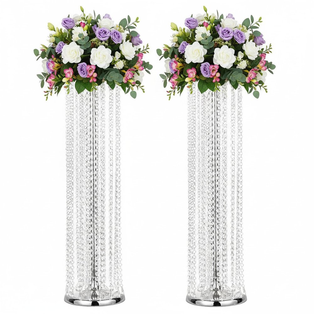 2Pcs of Metal Wedding Vases for Centerpieces: 35.43in Tall Flower Stands with Chandelier Acrylic Crystals, Elegant Table Centerpieces, Luxury Flower Stands for Wedding Party Dinner Event Home Dcor