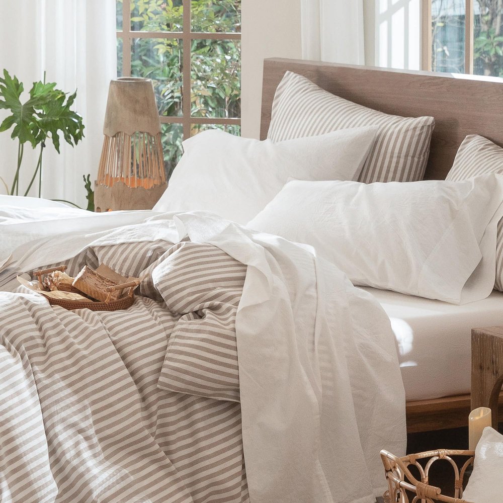 MooMee Bedding Sheet Set 100% Washed Cotton Linen Like Textured Breathable Durable Soft Comfy (Solid Off White, Queen)