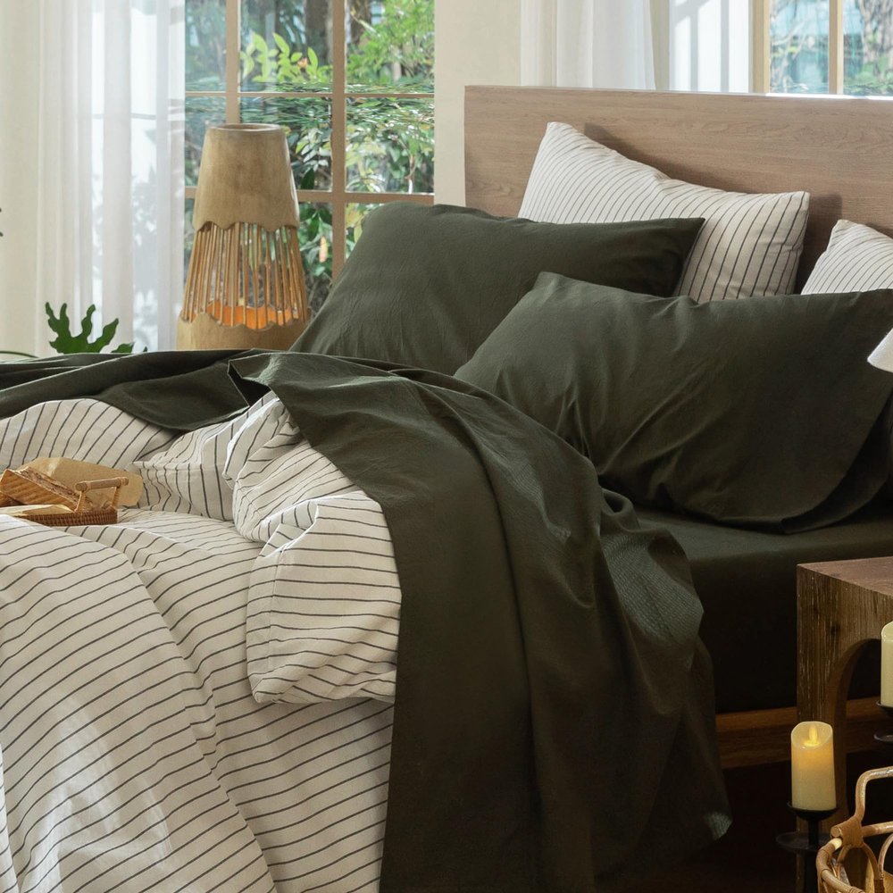 MooMee Bedding Sheet Set 100% Washed Cotton Linen Like Textured Breathable Durable Soft Comfy (Solid Olive Green, Queen)