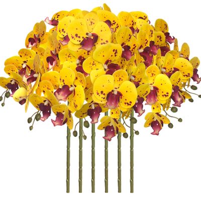 FagusHome 32 Inch Artificial Phalaenopsis Flowers 6 Pcs Artificial Orchid Flowers Stem Plants for Home Dcor (Yellow Piebald)