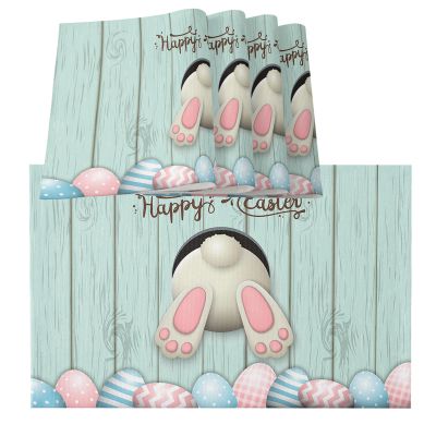 MACONAA Easter Placemats for Dining Table Set of 6, Funny Easter Bunny Placemat Cotton Linen Place Mats for Kitchen/Dining, Non Slip, Washable Easter Eggs Table Mats Green Wood Plank
