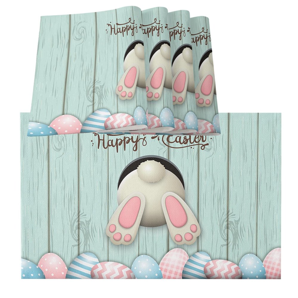 MACONAA Easter Placemats for Dining Table Set of 6, Funny Easter Bunny Placemat Cotton Linen Place Mats for Kitchen/Dining, Non Slip, Washable Easter Eggs Table Mats Green Wood Plank