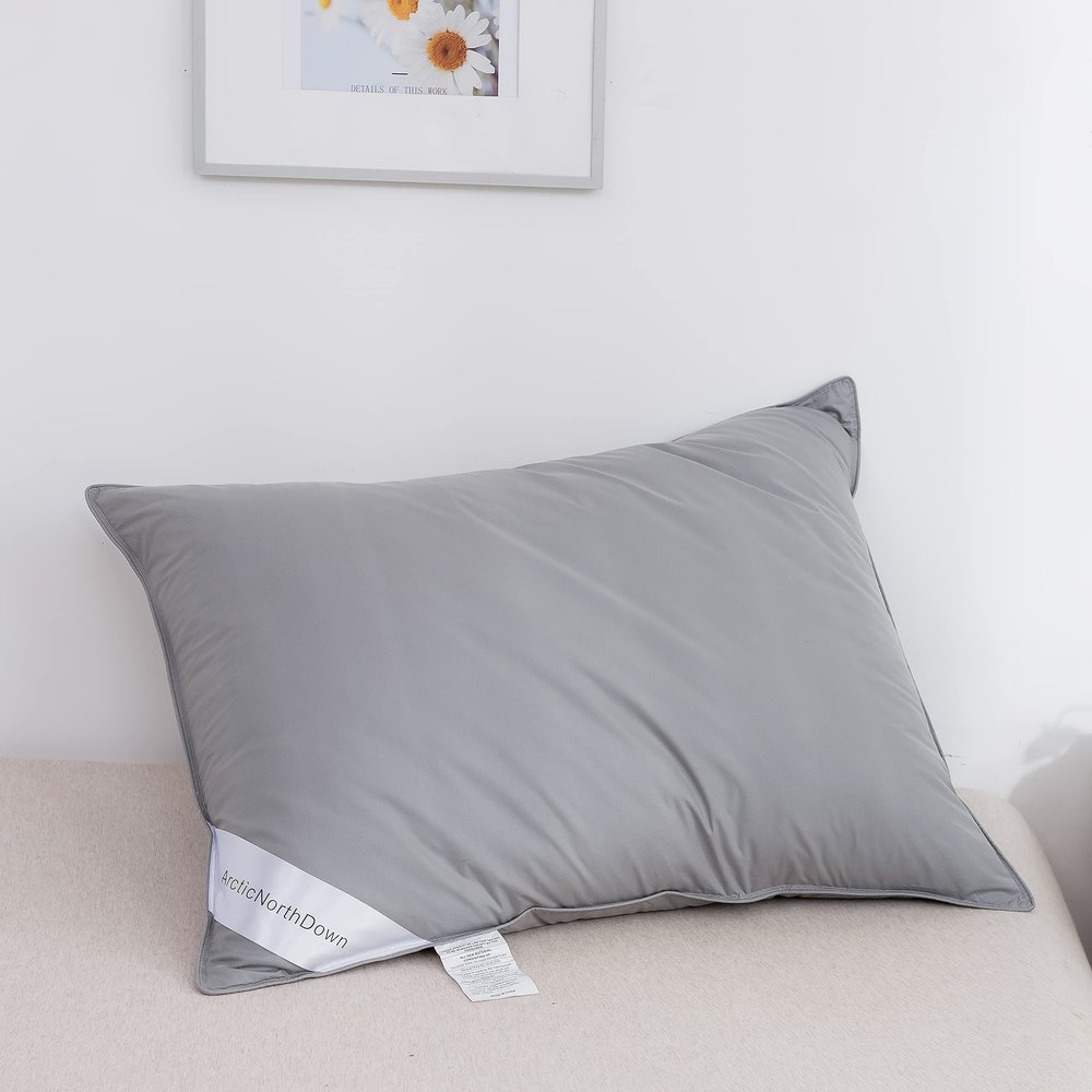 ArcticNorthDown Queen Size Natural Grey Goose Down Pillow 100percent Cotton Cover Supportive Bed Hotel Pillow Grey