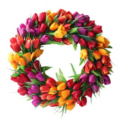 IUIBMI 20 Inches Artificial Tulip Wreath Silk Tulip Floral Wreath for Front Door Spring Flower Wreath with Green Leaves for Window Wall Hanging Valentines Day Summer Wedding Welcome Decor 1