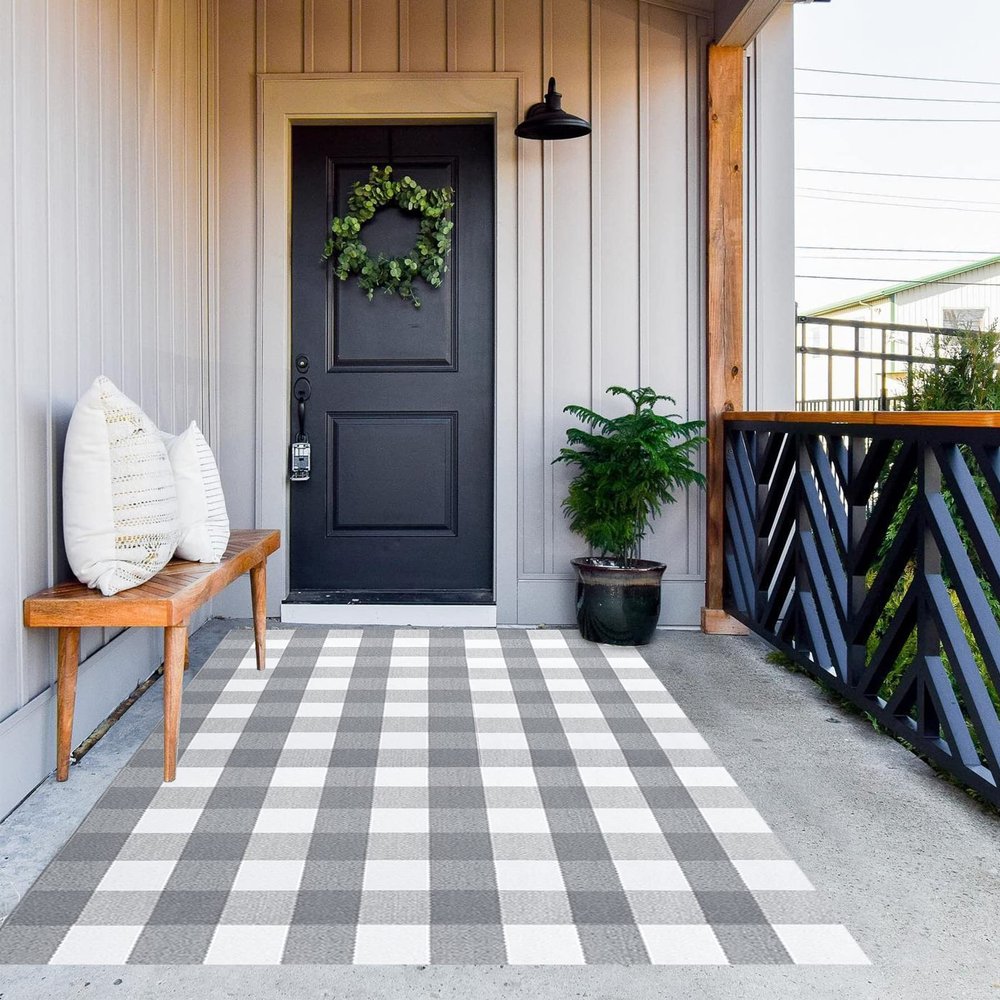 MUBIN Cotton Buffalo Plaid Rug, 4' x 6' Gray White Outdoor Rug Decorative Mat, Washable Large Doormat Hand-Woven Foldable Area Rug for Outdoor Patio Indoor Living Room Dining Room Kitchen