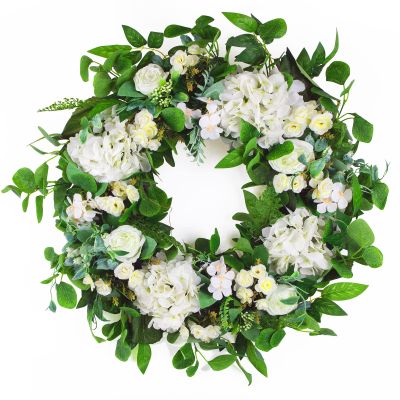 24 Inch Spring Summer Wreaths for Front Door, Spring Wreath,Summer Door Wreaths Outside,Large Floral Flowers Wreath with White Hydrangea for All Seasons Indoor Outdoor Home Decor