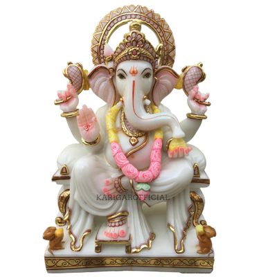 Ganesha Statue sitting on Singhasan - Large 18 inches Marble Ganapati Idol - White Ganesh Murti - Hindu Religious Prosperity Elephant God - Home First Ganesha Temple Decoration Cute Housewarming Gifts