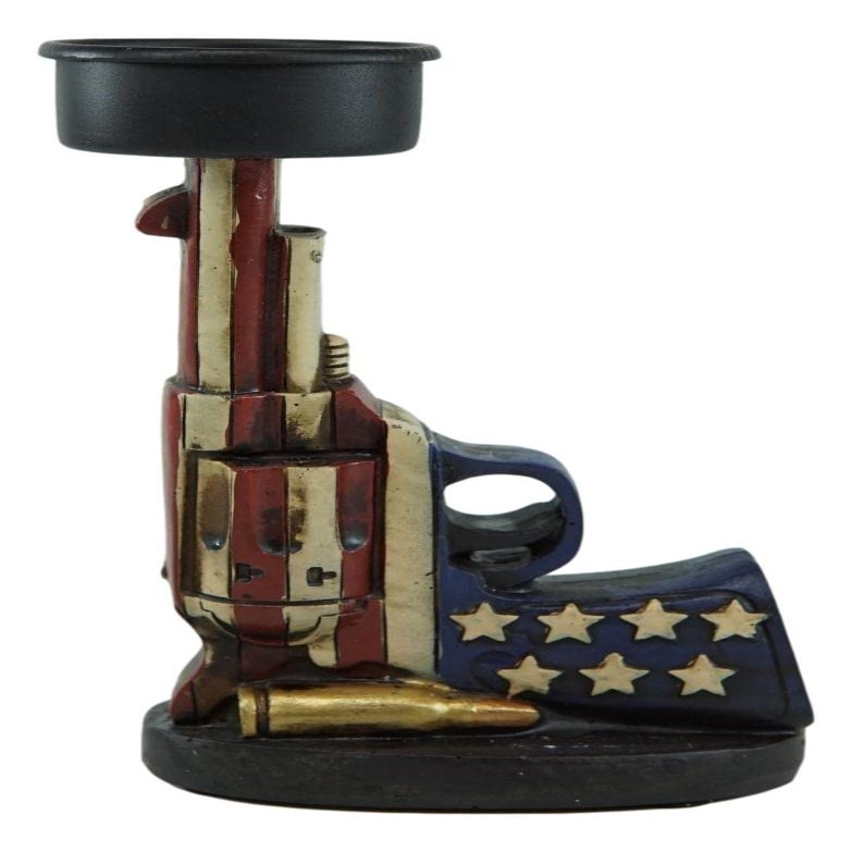 Ebros Gift Rustic Western Patriotic USA American Flag Six Shooter Revolver Pistol Gun with Bullet Shell Votive Tea Light Candle Holder Decorative Figurine Country Accent T-Lite Candleholders