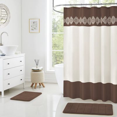 15 Piece Bathroom Shower Curtain set with Memory Foam Bath rugs. 2 Solid coffee brown beige Color Modern Design None-Slip Bath Mats Includes12 Roller Ball Hooks Style Carrie (Brown)