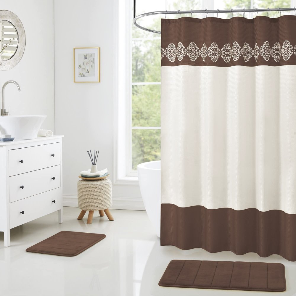 15 Piece Bathroom Shower Curtain set with Memory Foam Bath rugs. 2 Solid coffee brown beige Color Modern Design None-Slip Bath Mats Includes12 Roller Ball Hooks Style Carrie (Brown)
