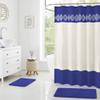15 Piece Bathroom Shower Curtain set with matching Memory Foam Bath rugs. 2 Solid Navy Blue Beige Color Modern Design None-Slip Bath Mats Includes12 Roller Ball Hooks Style Carrie (Navy) view 1