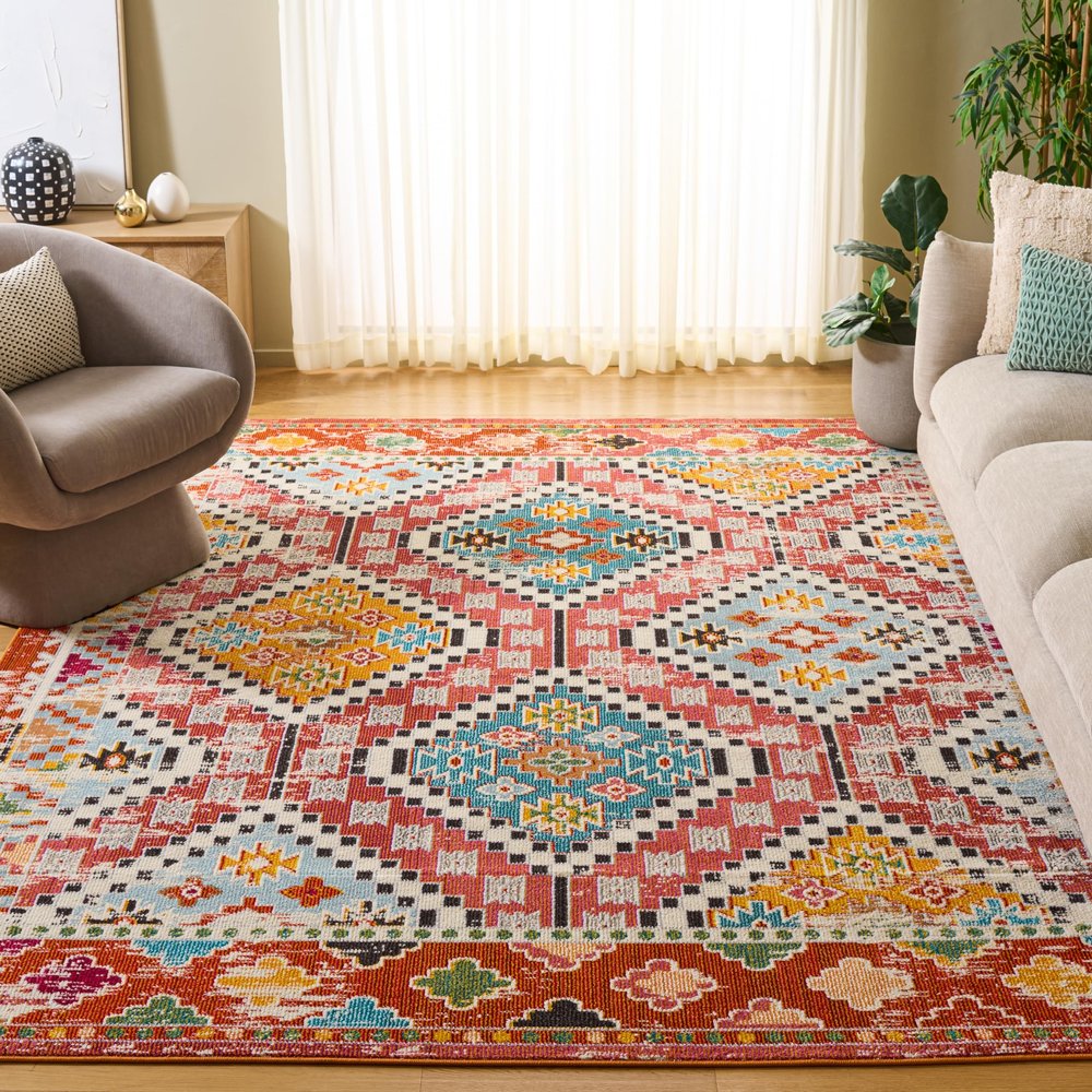 SAFAVIEH Area Rug 8x10 - Madison Collection - Large - Rust & Pink, Boho Diamond Distressed Design, Non-Shedding & Easy Cleaning, Ideal for Living Room, Bedroom, Office, Dining Space (MAD418Q)