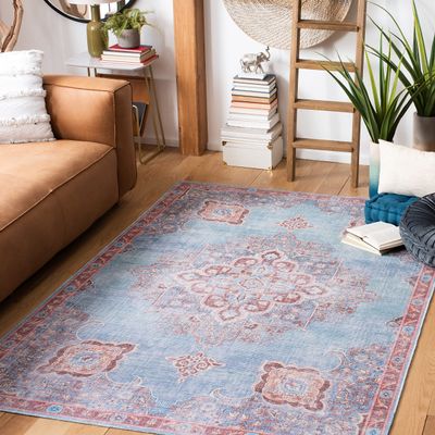 SAFAVIEH Washable Rug Serapi Collection - 8' x 10', Blue & Brown, Slip Resistant & Easy to Clean, Ideal for Living Room, Bedroom, Dining Space (SEP580M)