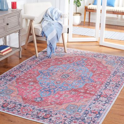 SAFAVIEH Washable Rug Serapi Collection - 8' x 10', Blue & Rust, Slip Resistant & Easy to Clean, Ideal for Living Room, Bedroom, Dining Space (SEP369M)