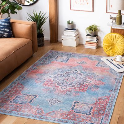 SAFAVIEH Washable Rug Serapi Collection - 8' x 10', Red & Blue, Slip Resistant & Easy to Clean, Ideal for Living Room, Bedroom, Dining Space (SEP580Q)