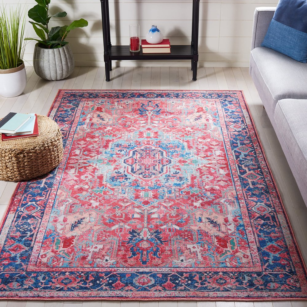 SAFAVIEH Washable Rug Serapi Collection - 8' x 10', Navy & Red, Slip Resistant & Easy to Clean, Ideal for Living Room, Bedroom, Dining Space (SEP518M)