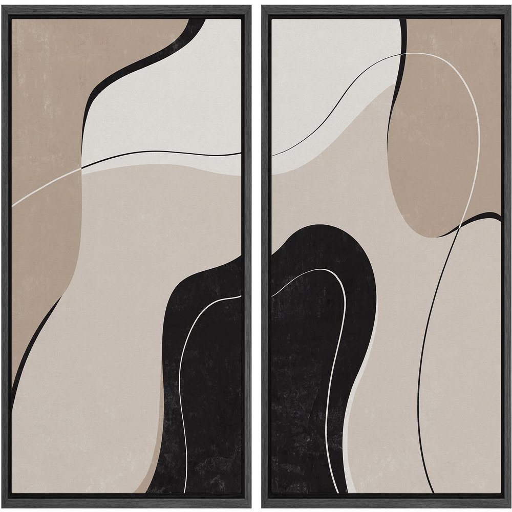 wall26 Framed Canvas Wall Art Print Set Black, Tan & Brown Swirling Wave Collage Abstract Shapes Illustrations Modern Rustic Relax/Calm for Living Room, Bedroom, Office - 16"x24"x2 Black
