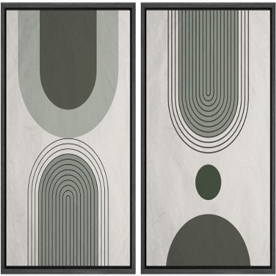 wall26 Framed Canvas Wall Art Print Set Green Geometric Mid-Century Pastel Polygon Symbol Abstract Shapes Illustrations Modern Bohemian for Living Room, Bedroom, Office - 16"x24"x2 Black