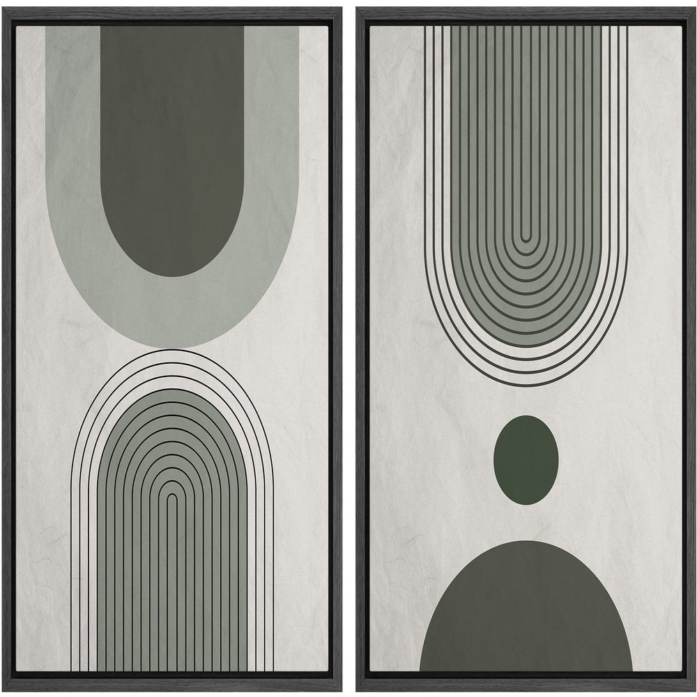 wall26 Framed Canvas Wall Art Print Set Green Geometric Mid-Century Pastel Polygon Symbol Abstract Shapes Illustrations Modern Bohemian for Living Room, Bedroom, Office - 16"x24"x2 Black