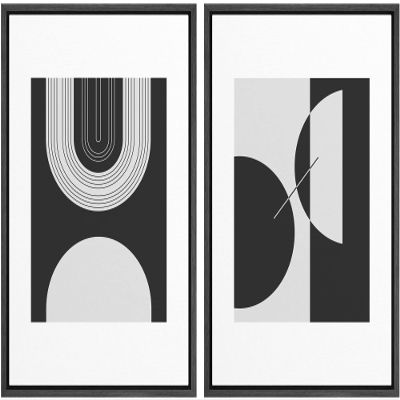 wall26 Framed Canvas Print Wall Art Set Black and White Mid Century Semi Circle Arches Abstract Shapes Illustrations Modern Minimalist Relax/Calm for Living Room, Bedroom, Office - 16"x24"x2 Black