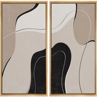 wall26 Framed Canvas Wall Art Print Set Black, Tan & Brown Swirling Wave Collage Abstract Shapes Illustrations Modern Rustic Relax/Calm for Living Room, Bedroom, Office - 16"x24"x2 Natural