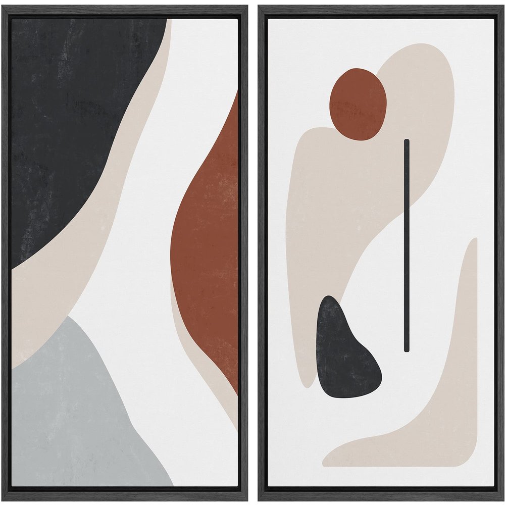 wall26 Framed Canvas Wall Art Print Set Brown, Black & Gray Mid-Century Polygons Abstract Shapes Illustrations Modern Relax/Calm Multicolor for Living Room, Bedroom, Office - 16"x24"x2 Black