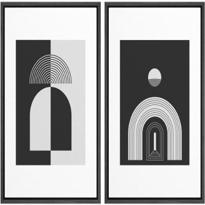 wall26 Framed Canvas Print Wall Art Set Black and White Mid Century Spiral Polygons Abstract Shapes Illustrations Modern Minimalist Relax/Calm for Living Room, Bedroom, Office - 16"x24"x2 Black
