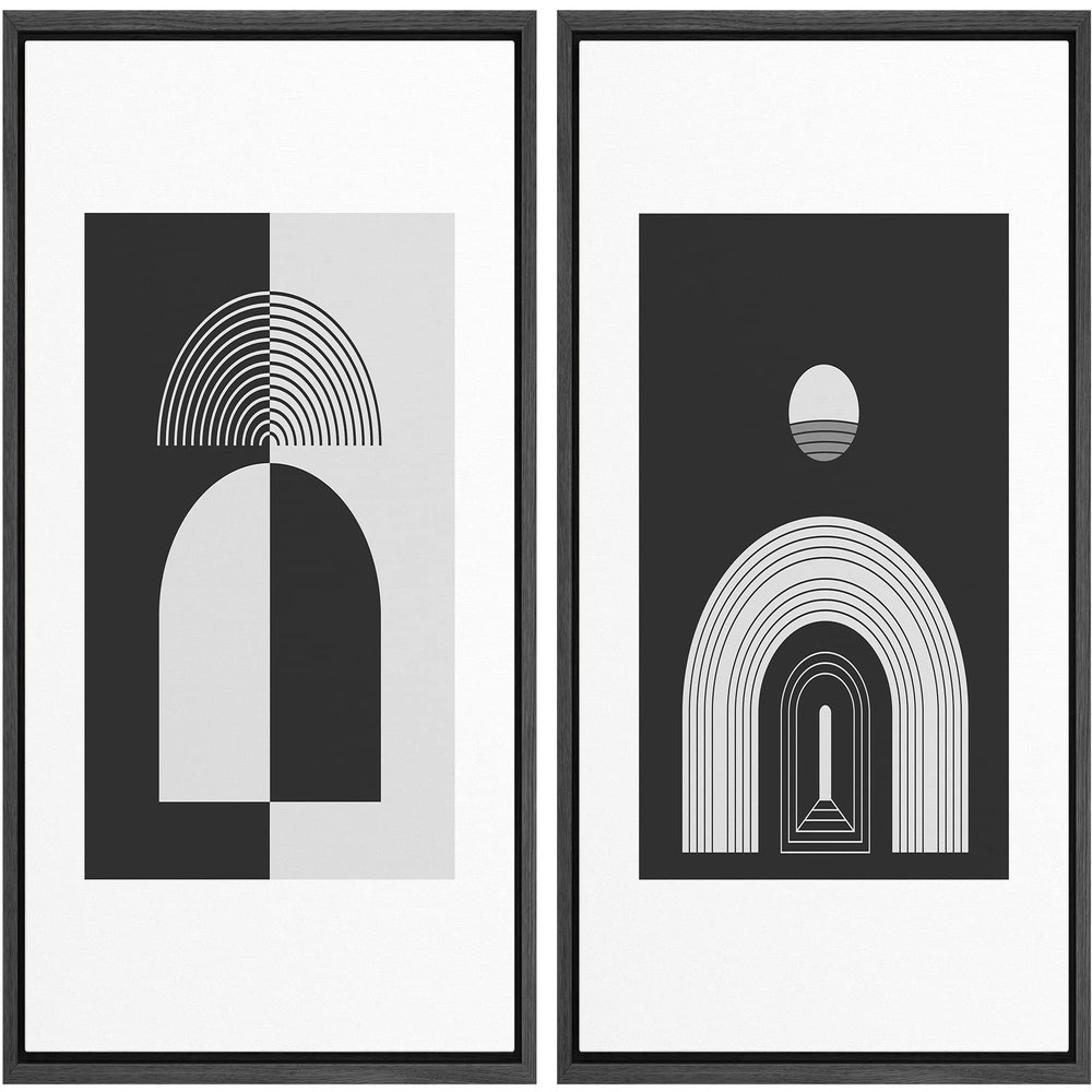 wall26 Framed Canvas Print Wall Art Set Black and White Mid Century Spiral Polygons Abstract Shapes Illustrations Modern Minimalist Relax/Calm for Living Room, Bedroom, Office - 16"x24"x2 Black