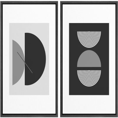 wall26 Framed Canvas Print Wall Art Set Black & White Mid Century Semi Circle Variety Abstract Shapes Illustrations Modern Minimalist Relax/Calm for Living Room, Bedroom, Office - 16"x24"x2 Black