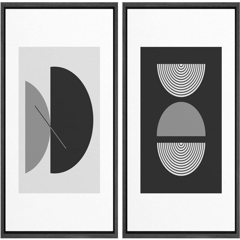 wall26 Framed Canvas Print Wall Art Set Black & White Mid Century Semi Circle Variety Abstract Shapes Illustrations Modern Minimalist Relax/Calm for Living Room, Bedroom, Office - 16"x24"x2 Black