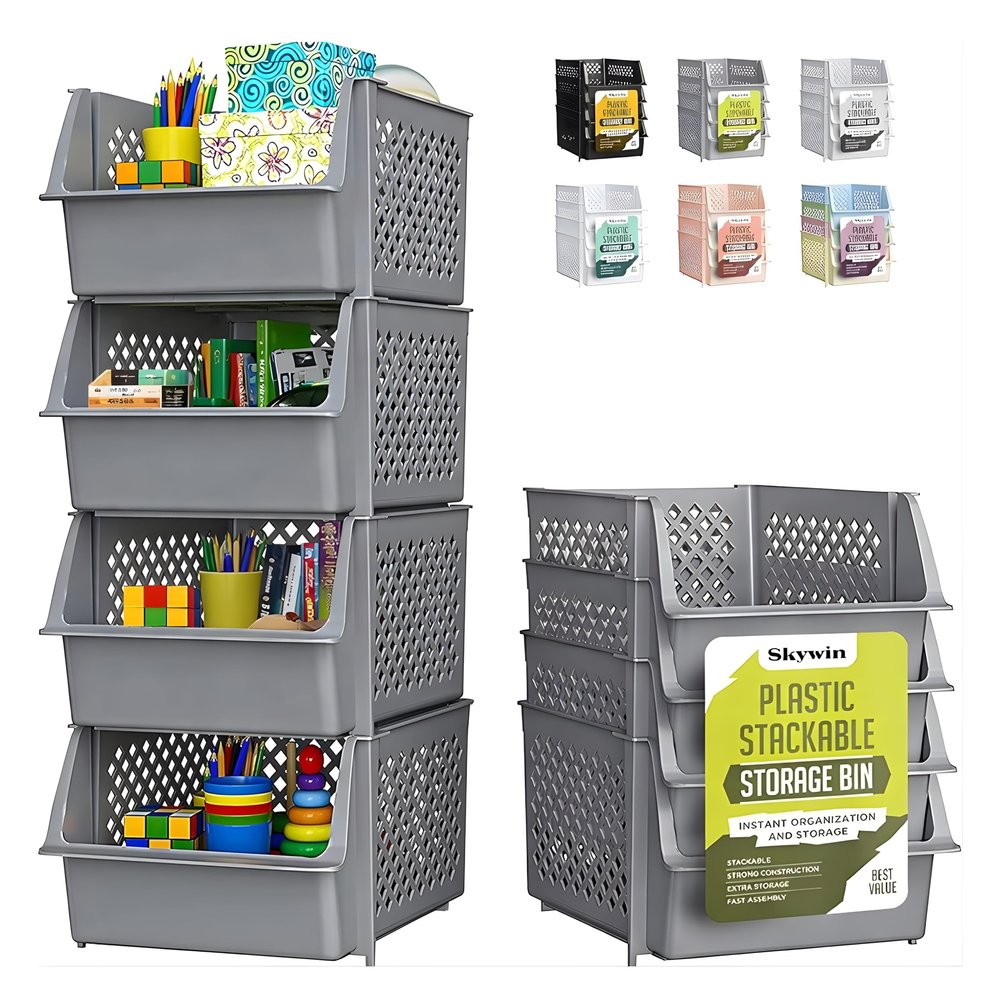TidyFriend 4 Pack Stackable Storage Bins Open Front for Pantry Organizers and Storage, Plastic Storage Bins for Garage Organization, Garage Storage Bins for Shelves, Racks, Tools & Supplies (Grey)