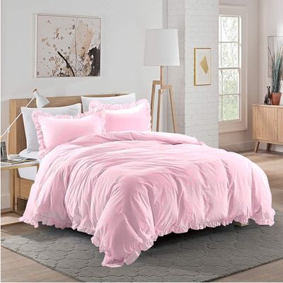 100% Cotton 600 Thread Count 3 Piece Frilled Duvet Set, 1 Piece Edge Ruffle Frilled Duvet Cover With Zipper Closure & Corner Ties And 2 Pillow Cover (King/California King Size, Pink)