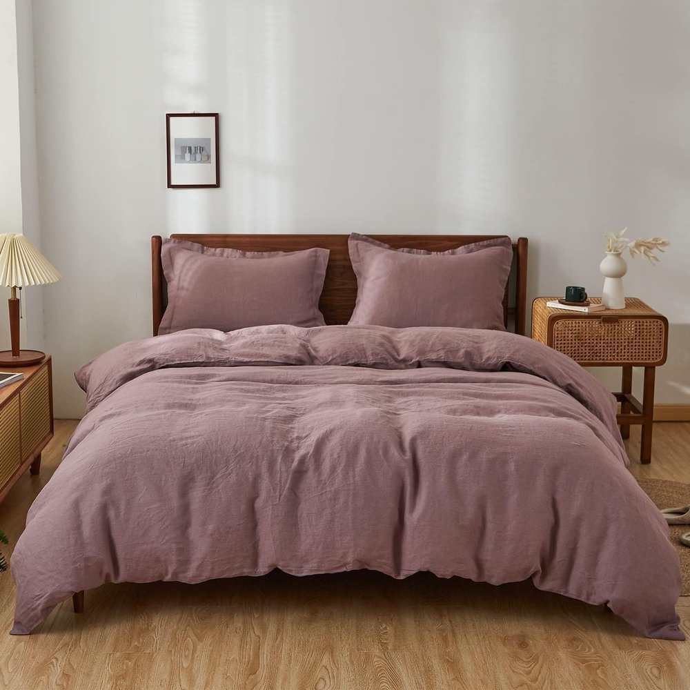 Simple&Opulence 100% Linen Duvet Cover Set, 3 PCS Natural French Flax Purple Duvet Cover Full Size, Breathable Soft Comfy Linen Bedding Comforter Cover with 2 Pillowcases(Purple, 78"x86")
