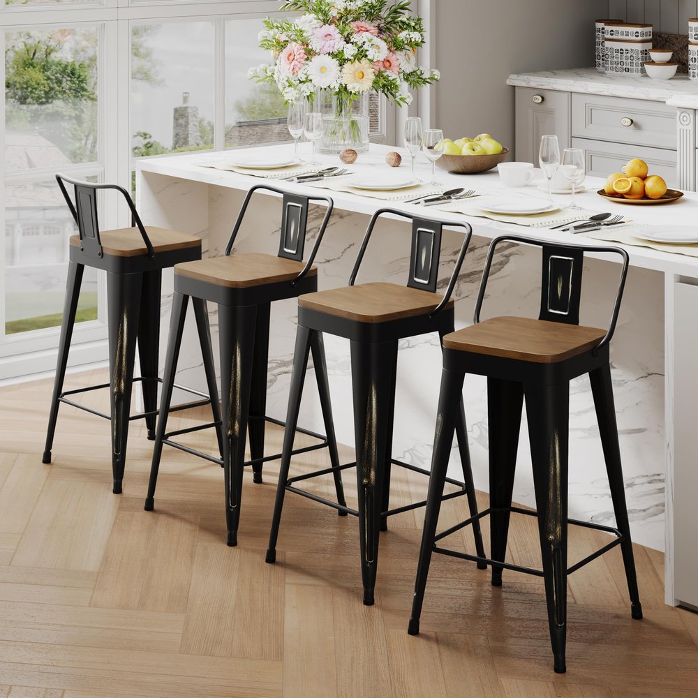 Andeworld Bar Stools Set of 4 Counter Height Stools Industrial Metal Barstools with Wooden Seats(24 Inch, Distressed Gold)