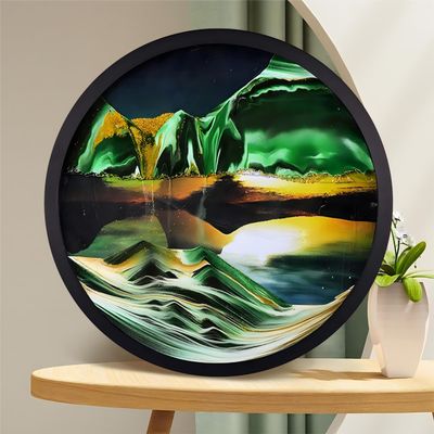 17.3'' Moving Sand Art, 3D Sand Art Liquid Motion Moving Wall Art Deep Sea Sandscape Living Room Decoration, 360 Rotate, Glass Crafts Solid Wood Frame, Home Office Work Decor (Green)