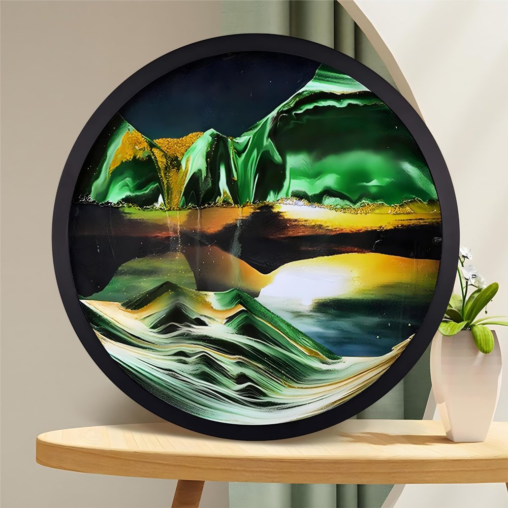 17.3'' Moving Sand Art, 3D Sand Art Liquid Motion Moving Wall Art Deep Sea Sandscape Living Room Decoration, 360 Rotate, Glass Crafts Solid Wood Frame, Home Office Work Decor (Green)
