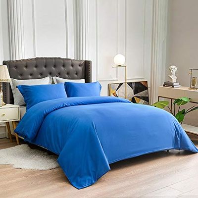 100% Cotton 600 Thread Count Duvet Cover, 1 Piece Duvet Cover with Zipper Closure & Corner Ties, Comforter Cover (Full/Queen Size, Royal Blue)