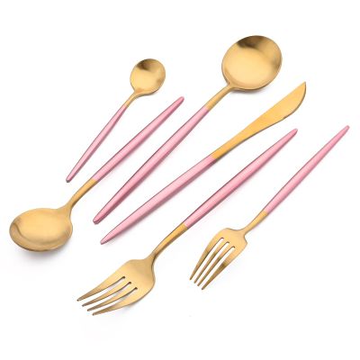 24-piece Snplowum Matte Gold Tableware, 18/10 Stainless Steel Utensils Heavy Serving Set With Pink Handle For Dinner & Dessert Home Restaurant Flatware Set, Service For 4 (Pink Gold)