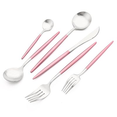 24-piece Snplowum Silver Satin Finished Serving Set, 18/10 Stainless Steel Flatware With Pink Round Hanle For Daily Use Salad Coffee Include Knife/Fork/Spoon, Service For 4 (Pink Silver)